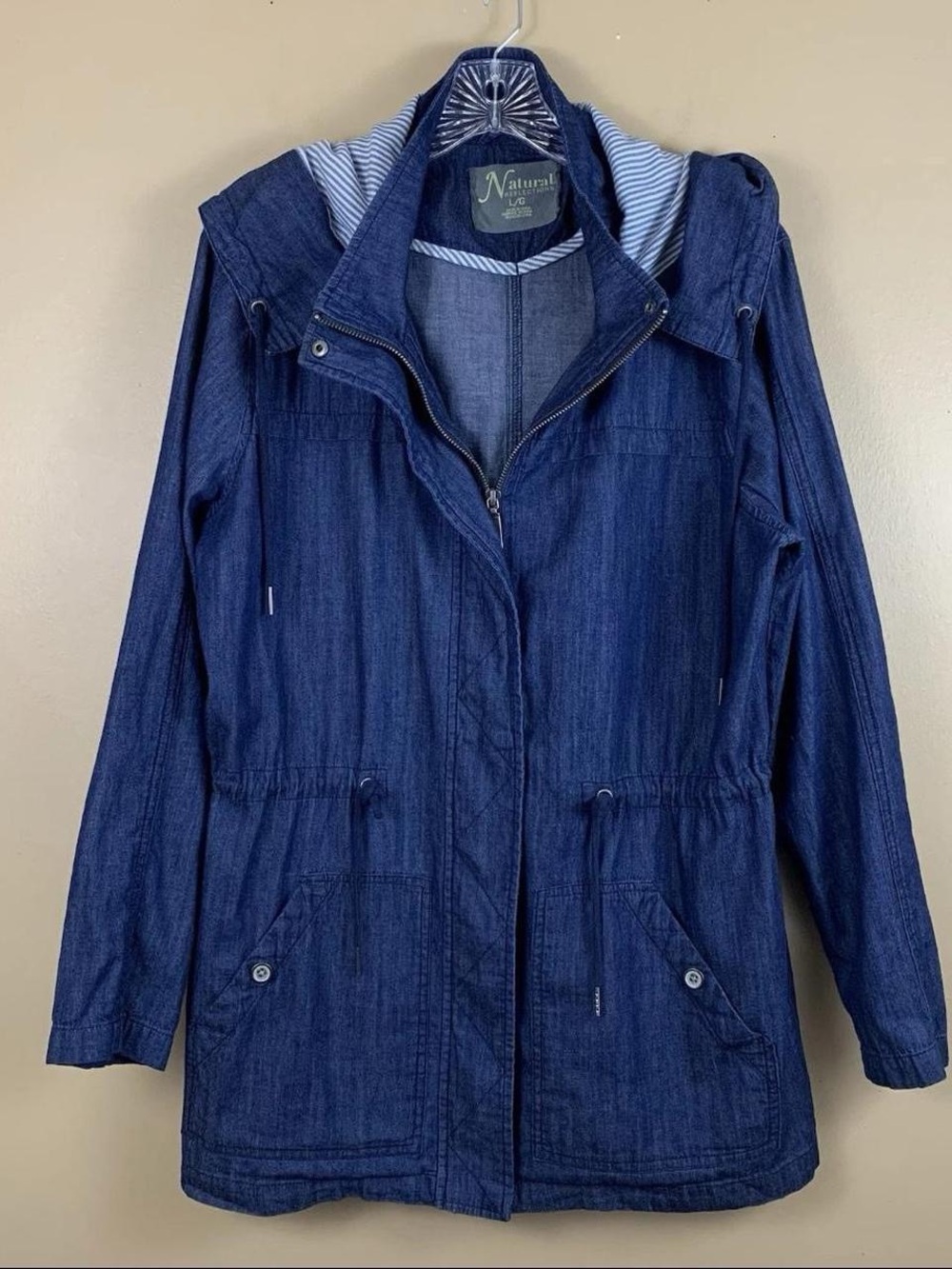 Natural Reflections Womens Large Blue Chambray Casual Utility Hooded Zip Jacket
